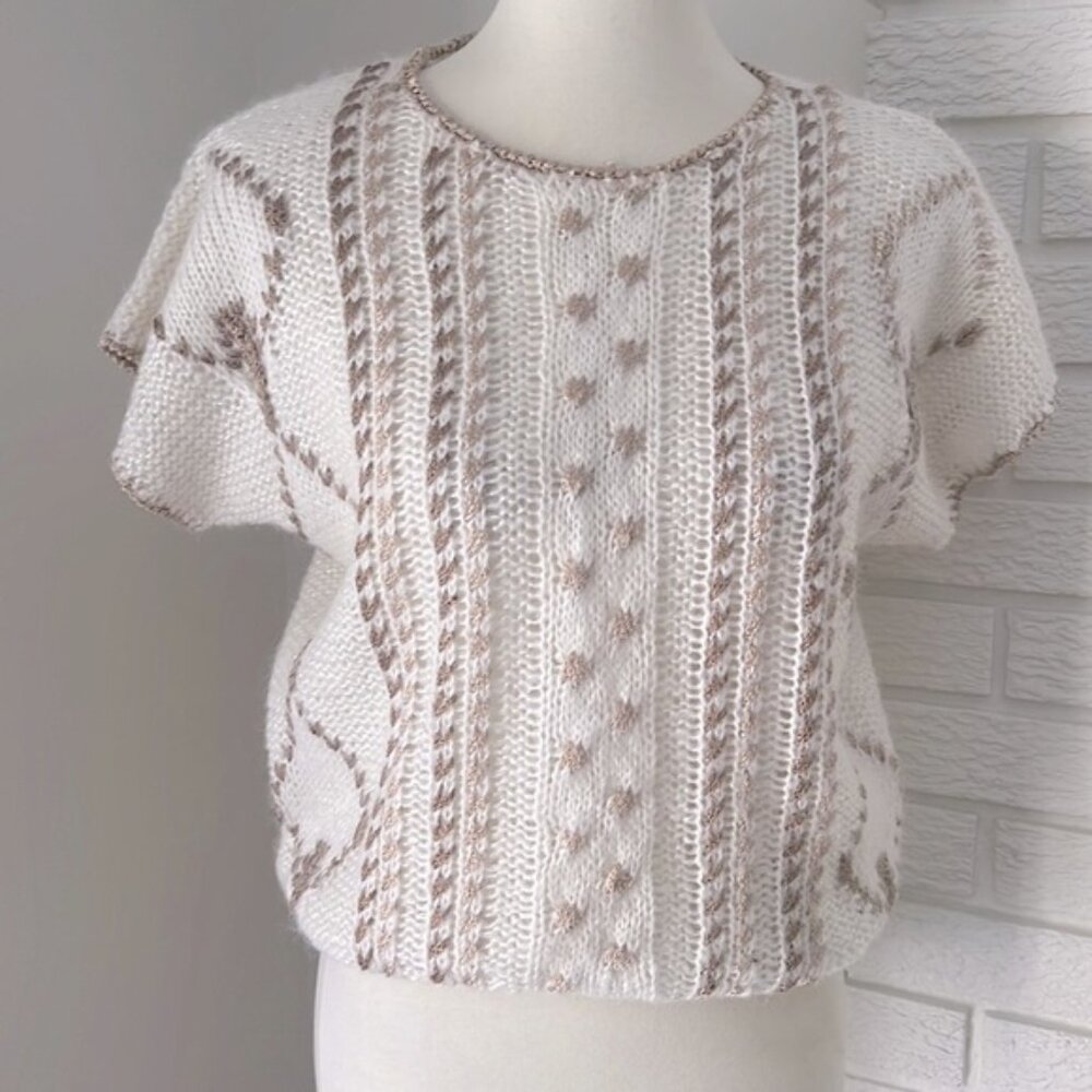 Entirely handcrafted sweater w amazing detail sleeves crocheted flowers pearls